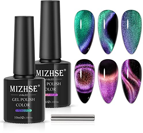 MIZHSE Cat Eye UV-gel med magnet, Cateye nagellack 2 färger, 9D kameleont effekt kattöga, UV-nagellack för nageldesign, 10 ml x 2