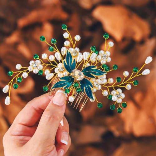 IYOU Perle Braut Haarkamm Grün Kristall Hochzeit Seite Kämme Blatt Kopfschmuck Gast Brautjungfer Bräute Haarschmuck für Damen