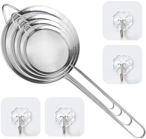 Juego de Colador de Acero Inoxidable de 4 Piezas Con Ganchos - Malla Fina para Cocina, Harina, Pasta y Tamizado