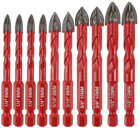 FOCSTOL Masonry Drill Bits Set - 10pcs Carbide Drill Bits Set with Quick Change Hex Shank for Wood Plastic Foam Tiles Softer Materials (6mm*4+8mm*2+10mm*2+12mm*2)