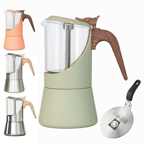 TWOCE Glass Moka Pot for Stovetop & Induction - Italian Espresso Maker with Wood Handle & Leak-Proof Design - Comes with Induction Heat Diffuser Plate (6 Cup, Frosted 240ml)