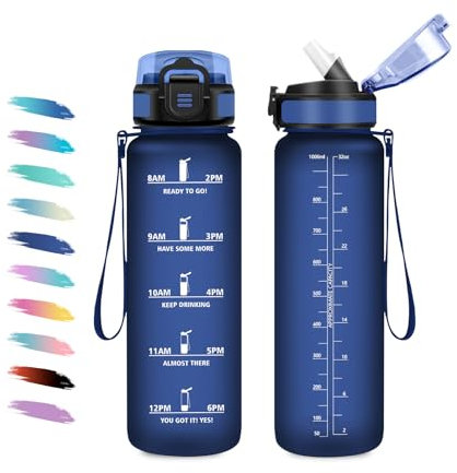 Borraccia 1L, Motivazionale Borraccia con Cannuccia, Facile da Aprire, a Prova di Perdite, Bottiglia Acqua con Indicatore del Tempo, Sportiva Bottiglia per Adulto, Campeggio, Ufficio, Lavoro