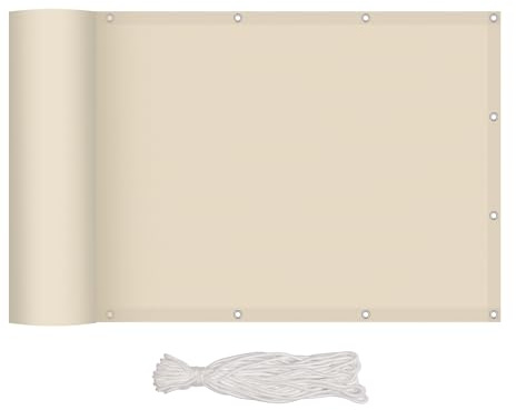 interGo Balkon Sichtschutz 90x300cm, Blickdicht & wetterfest – Balkonabdeckung und Windschutz mit Ösen und Kordel, Creme