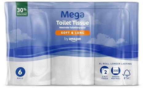 By Amazon Mega Toilet Roll, 2-Ply, Soft and Long, 6 Rolls (1 Pack of 6), 330 Sheets per Roll - Extra Long Roll, Lasts Longer
