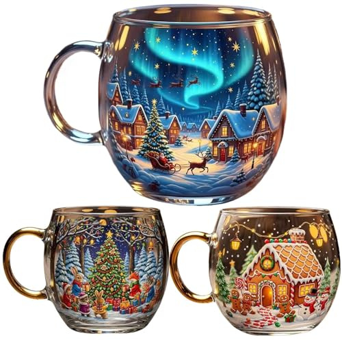 Shenrongtong Christmas Glass Mug Set, Christmas Transparent Painted Coffee Cup, Festive Beverage Containers, Holiday Drinking Glassware for Hot Cocoa Latte Milk Tea