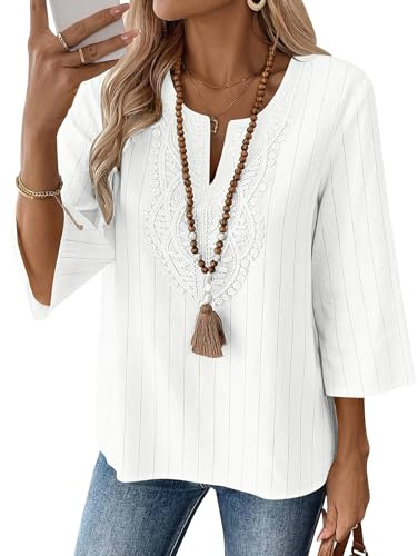 LOMON Womens Tops Casual 3/4 Sleeve Tunic Tops Ladies Tops and Blouses V Neck Lace Summer Shirts for Women