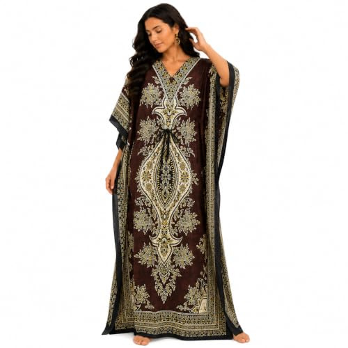 Art Of Creation Women's Kaftan Dress Long Maxi Night Gown Caftn Dressess Beachwear Cover Up Plus Size (Color-Brown) Tunic Kimono