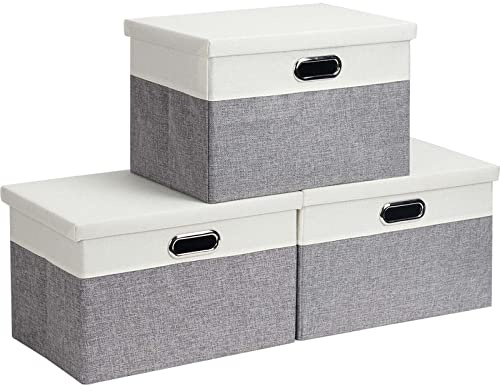 Febzoce Aufbewahrungsbox mit Deckel Klein Faltbarer Stoff Aufbewahrungswürfel Korb Mülleimer Organizer Hellgrau/Weiß, Klein, 33 x 22 x 18 cm, 3 Stück
