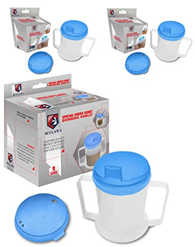 Wolvex 350ML Adult Drinking Cup Beaker with Handles & Anti Spill lids for Disabled Adults Dishwasher and Microwave Safe BPA, PVC and Latex Free (3)