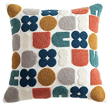 XSlive Boho Abstract Tufted Throw Pillow Cover Geometric Embroidered Decorative Pillowcase Farmhouse Cotton Square Accent Cushion Cover for Sofa Couch Bedroom (Type H,18x18)