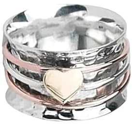 QKEPCY Anello Antistress Donna Anelli in Argento a Forma di Cuore Fidget Anxiety Ring Fascia Spinner Pace Regolabile