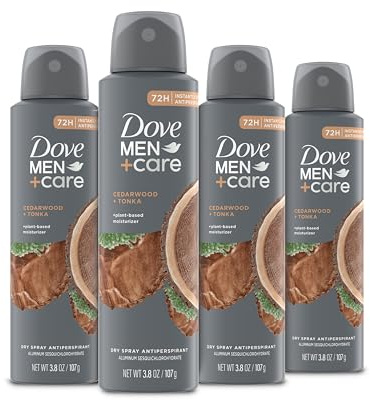 DOVE MEN + CARE Dry Spray Antiperspirant Cedarwood + Tonka 4 Count 72H Protection with a Plant-Based Moisturizer 3.8 oz