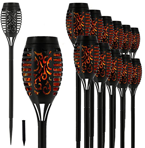 Cepewa LED Solarfackel 12er Set | H50 cm Flammeneffekt 7 SMD LEDs Bodenspieß | Lampe Gartendekoration Lichtquelle (1 x 12er Set LED Solarfackel 50cm), Schwarz
