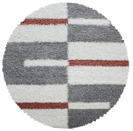 HomebyHome Teppich Rund Shaggy 200cm Rund Hochflor Teppich Terrakotta Grau und Weiß Extra Weich und Flauschig Für Wohnzimmer Schlafzimmer Küche Flur Teppich