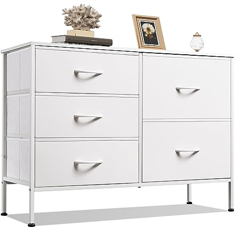 WLIVE White Dresser for Bedroom with 5 Drawers, Fabric Dresser for Living Room, Wide Chest of Drawers for Bedroom, Closet, Hallway, White