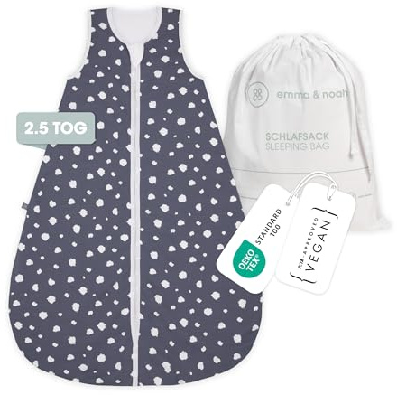 emma & noah Baby Schlafsack 2.5 TOG, Strampelsack für den Herbst und Winter in vielen Farben, Bio-Baumwolle, OEKO-TEX Zertifiziert, Schlafsack für Neugeborene (Punkte Blau, 110 cm)