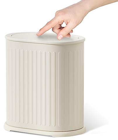 Steel Small Bathroom Trash Can with Lid Press Top 9L/2.4 Gallon Dog Proof Wastebasket with Removable Liner Bucket,Slim Bathroom Garbage Can Bin Under Desk/Sink Bedroom,Living Room,Office,Diaper