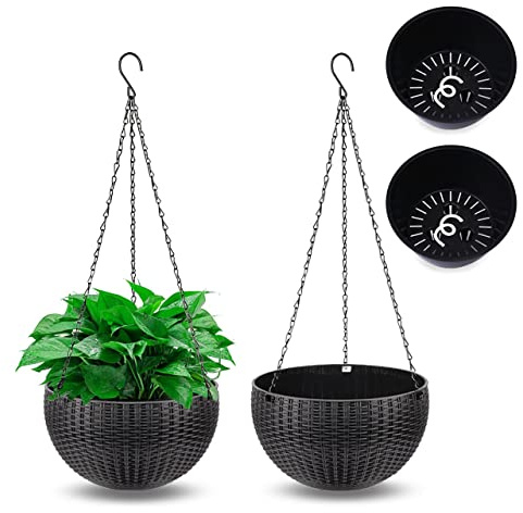 Moollyfox 2 Stück Blumenampel Außen, Ø 21cm Selbstbewässerung Blumentopf Hängend, Hängeampel Outdoor Kunststoff, Hängeblumentöpfe mit Rostfrei Ketten, Hängeampeln für Draußen Innen Decken Pflanzen