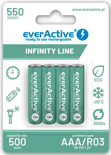 everActive Batteria AAA 550 mAh 4 pezzi, NI-MH, Mini R03, ricaricabile, precaricata, Infinity Line 1,2 V, 1 blister, verde, EVHRL03-550