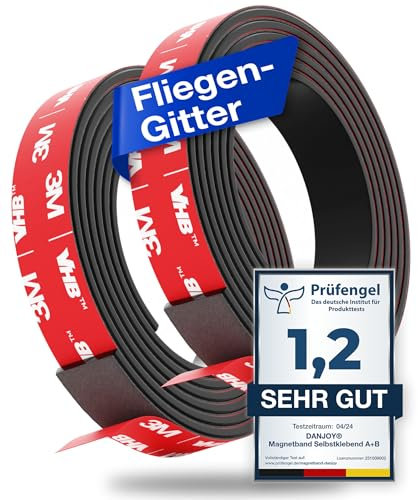 DANJOY® Magnetband A+ B selbstklebend (1m) I Starker Kleber - Starker Magnet I Magnetstreifen mit extra starkem 3M-VHB Kleber I Ideal als Fliegengitter Fenster Magnet uvm.