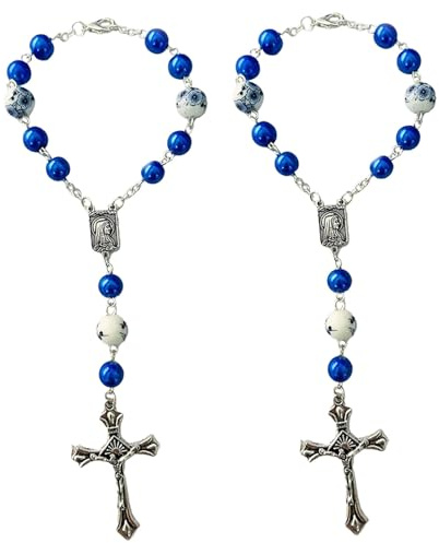 2 Stück Auto Rosenkranz & Kreuz Anhänger Autozubehör Rückspiegel Hängende Ornament für Innendekorationen (Blau)