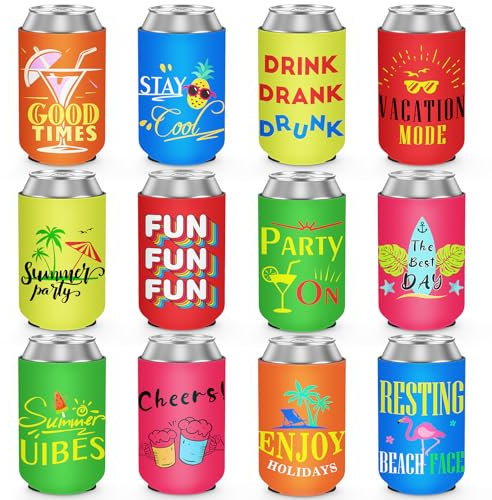 12 paquetes de fundas para latas de cerveza, divertidas fundas para latas de cerveza con temática de playa, fundas aisladas de neopreno para latas y botellas, regalos de fiesta