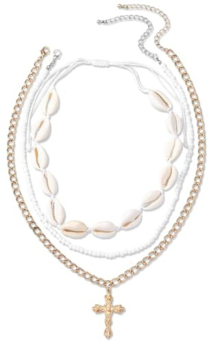 3 Stück Muschel Halskette Set, muschelkette, Natürliche Muschelketten, Layering Kette Goldn, Damen Natural Shell Choker Halsketten, Boho Muschelkette, für Damen Mädchen Sommer Strand Schmuck