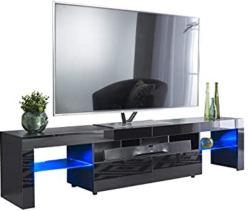 MMT Furniture Designs Ltd 200cm TV Stand Cabinet Black Gloss TV Unit with Lights, Fits Up to 65 85 90 Inch TV's, TV Tables for Living Room, TV Media Units with Storage