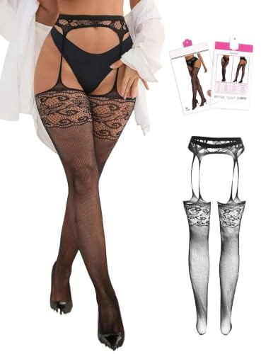 ohyeahlady Calze Donna Collant Taglie Forti a Rete Pizzo Morbide Autoreggenti Nere con Reggicalze Elasticizzati Intimo Curvy Lingerie Biancheria Intima (Nero,L-XXL)