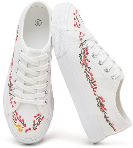 yageyan Womens White Embroidery Canvas Sneakers Low Top Tennis Shoes Womens Causal Sneakers （White floral08.5）