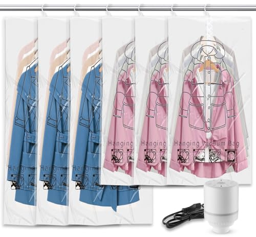 6 Piezas Bolsas Vacio Ropa Colgar con Inalámbrica Bomba Electrica, Bolsas de Vacio para Ropa(3 de 135 X 70 cm y 3 de 110 X 70 cm), Reutilizable Organizador Armario para Viajes y Almacenamiento Diario
