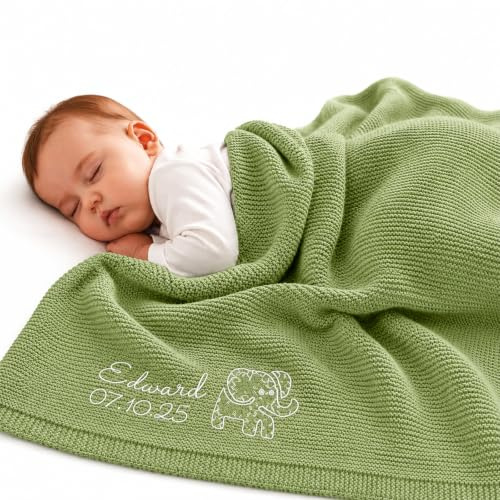 Personalisierte Gestrickte Neugeborene Decke, Babydecke mit Namen und Geburtsdatum für Jungen Mädchen 80x100cm, Maßgeschneidertes Geschenk für Babyparty & Baby Erstes Weihnachten (Grüne Bohne)