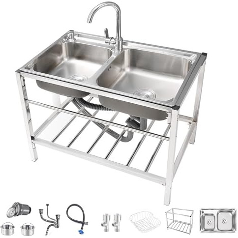 Lavello autoportante a doppia vasca in acciaio inox, stazione di lavaggio commerciale portatile con kit di scarico per rubinetto caldo e freddo e ripiano per lavanderia (82 x 45 x 75 cm)