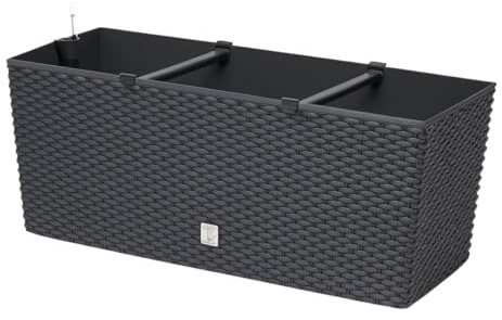BirnePower Blumenkasten 800 Anthrazit mit Bewässerung – 80 x 33 cm Polyrattan Pflanzkübel rechteckig, Wasserspeicher & Wasserstandsanzeiger, Balkonkasten Kunststoff wetterfest (72 Liter XXL)