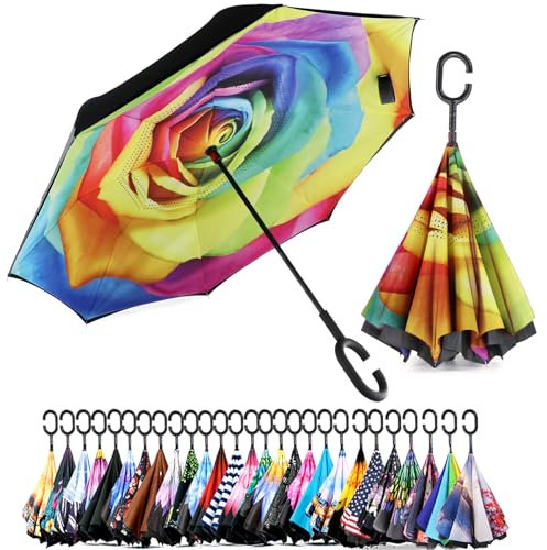 SIEPASA Spar. Saa Doppelschichtiger umgekehrter Regenschirm mit C-förmigem Griff, UV-Schutz, wasserdicht, winddicht, gerade, für Auto, Regen, Outdoor, Regenbogen-Rose