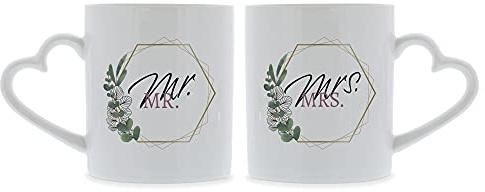 stempel-fabrik Keramiktassen mit Herzhenkel - Mr. & Mrs. - Eukalyptus Design - Hochzeitsgeschenk - Geschenkidee zur Hochzeit - Kaffeetasse - Kaffeebecher - Bedruckte Tassen - Set - Hochzeitstag - Cups