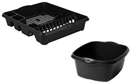 Plastic Rectangular Washing Up Bowl & Large Dish Drainer Rack Plate Holder Kitchen Sink 2 Pc Set (Midnight)