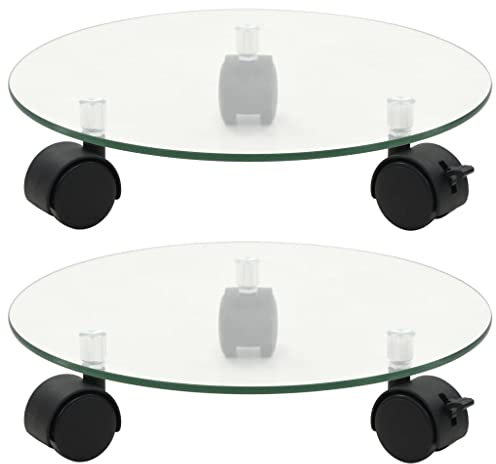 Pflanzenroller rund, 2er Set, Ø 28 cm, Hartglas Blumentopfuntersetzer mit Rollen, innen & außen, Witterungsbeständig Blumenroller Outdoorroller Untersetzer Transporthilfe für Pflanzen, Transparent
