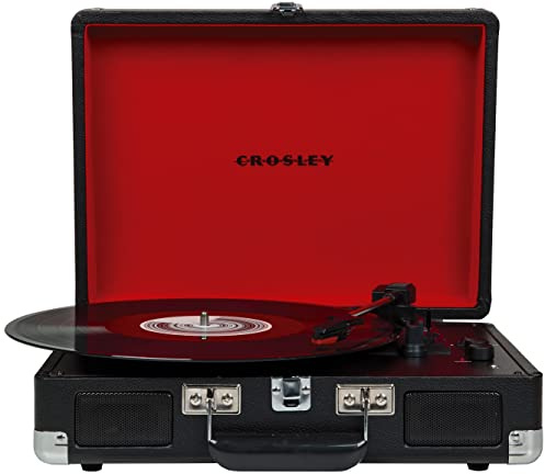 Crosley CR8005F-BK Cruiser Plus Vintage 3-Speed Bluetooth in/Out Suitcase Vinyl Record Player Turntable, Black/Red