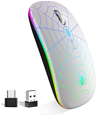 SZO Ratón Inalámbrico Recargable USB con Convertidor Tipo-C,RGB de 7 Colores,Portátil y Preciso (800/1200/1600)-Mouse,Plateado