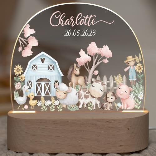 Kidsmood Personalisiertes Nachtlicht Baby mit Namen - Stilllicht Kinder LED, dimmbar, Holz - Babygeschenk Geburt, Taufgeschenk Mädchen Jungen, Kinderzimmer Lampe & Schlummerlicht [Bauernhof Freunde]