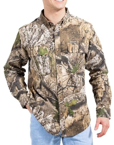 Realtree Men’s Long Sleeve Button Down Camp Shirt – Midweight, Cotton, Breathable Outdoor Shirt for Hunting and Fishing