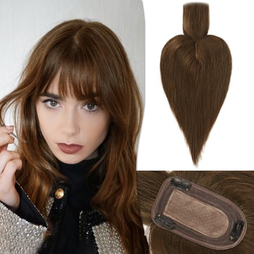 RUWISS Coiffeuse en cheveux humains avec franges Coiffeuse à couronne Postiches pour femmes perruque courte 7.5 * 13CM Base en soie 100% de vrais cheveux humains Clip in Topper 25cm 35g（Marron moyen）