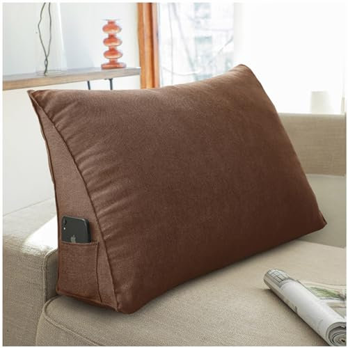 ZTGL Sleepling Rückenkissen Keilkissen für Bett und Sofa, Comfortable Lendenkissen, Dreieckiges Lesekissen, Kissen mit Abnehmbarem Waschbarem Bezug, Seitenfach,Braun,70x20x50cm