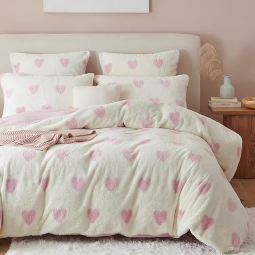 Freyamy Winter Bettwäsche 135x200 Rosa Weiß Herz Kunstpelz Flauschige Winterbettwäsche Flanell Samt Biber Warm Bettbezug plüsch ÖKO-TEX Deckenbezug mit Reißverschluss und 1 Kissenbezug 80x80cm