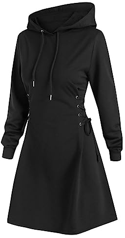 Robe sweat femme longue avec capuche steampunk hoodie à Manches Longues asymétrique plissée sweatshirts chaud et doux demi saison sweat mini robe coupe cintrée avec lacets à la mode (Black, S)