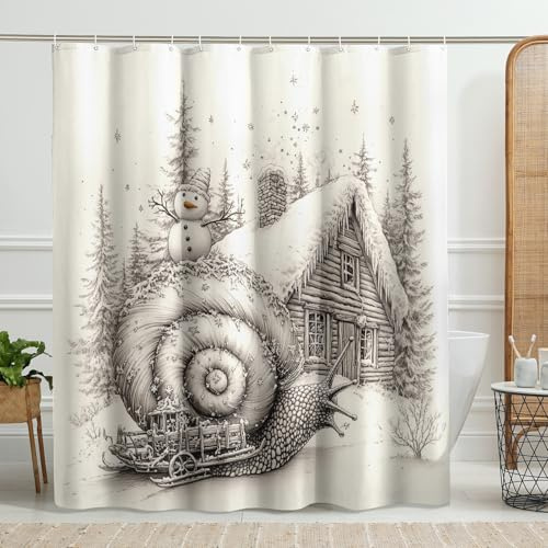Cortina de ducha de caracol con muñeco de nieve de invierno, telón de fondo beige, decoración de baño para temporada de vacaciones, juego de cortina de ducha de tela resistente al agua con ganchos, 72