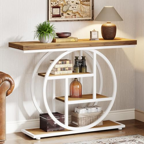 Tribesigns Table console industrielle à 4 niveaux avec base circulaire, tables d'appoint étroites en bois avec étagères de rangement pour salon, couloir, foyer, 104,9 cm, marron et blanc