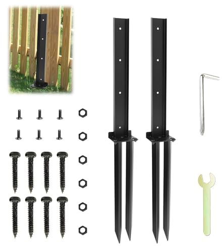Fence Post Repair Stakes Kit, Heavy Duty Metal Fence Post Nails, Fence Post Spikes Set with Nails & Wrench, Fixed Anchor Ground Nails for Repairing or Reinforcing Wooden Fence Posts (2 Set)