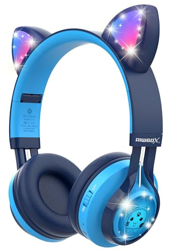 Riwbox CT-7 Cat Ear Bluetooth Headphones, LED Light Up Bluetooth Wireless Over Ear Headphones with Microphone and Volume Control Compatible for Travel/School/Smartphones/Laptop/PC/TV (Blue)